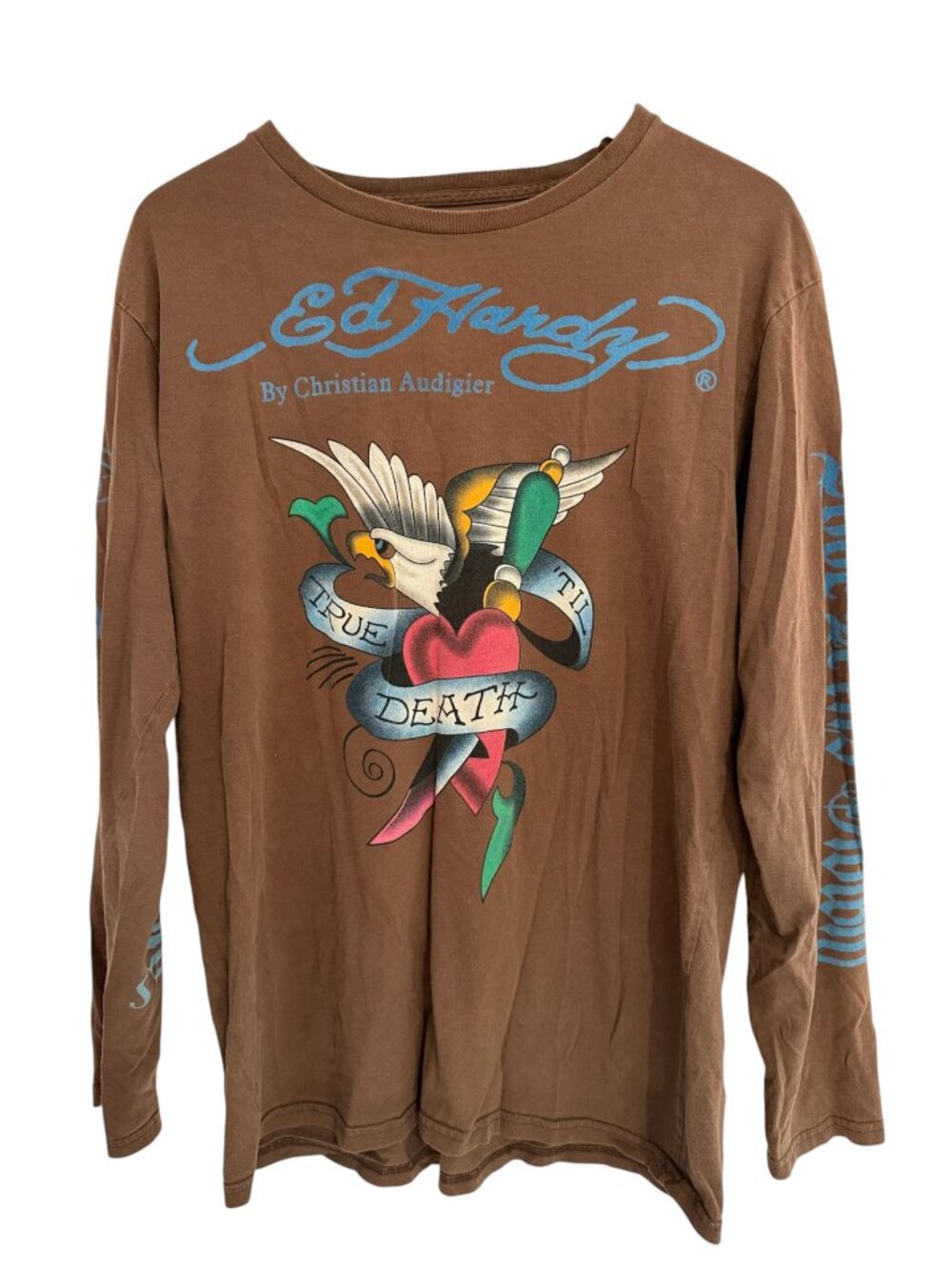 Ed Hardy Christian Audigier True Til Death Brown Graphic Long Sleeve Tee L